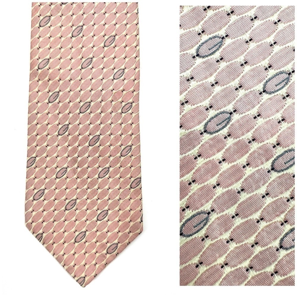 Gucci 100% Silk Tie Pink Pointed With Monogram G Made In Italy Oval Pattern